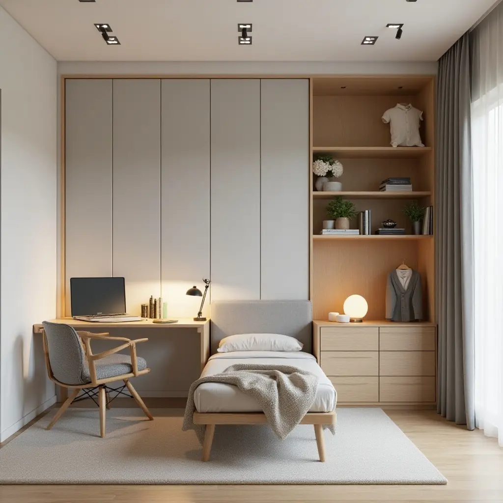 a photo of a functional bedroom with a desk and storage solutions for teens