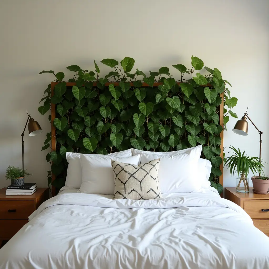 a photo of a plant-covered headboard in a teen's room