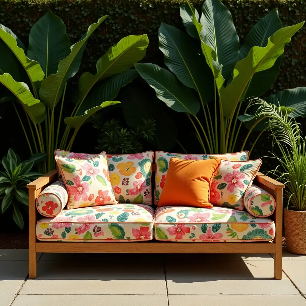a photo of a tropical-inspired outdoor sofa with bold patterns
