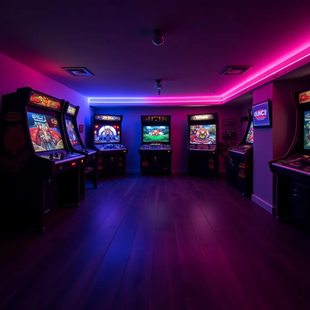 a photo of a basement game room with neon lights and bright colors