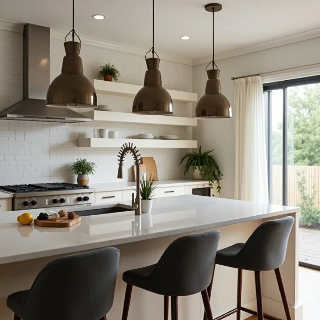 a photo of pendant lights with adjustable heights in a versatile kitchen