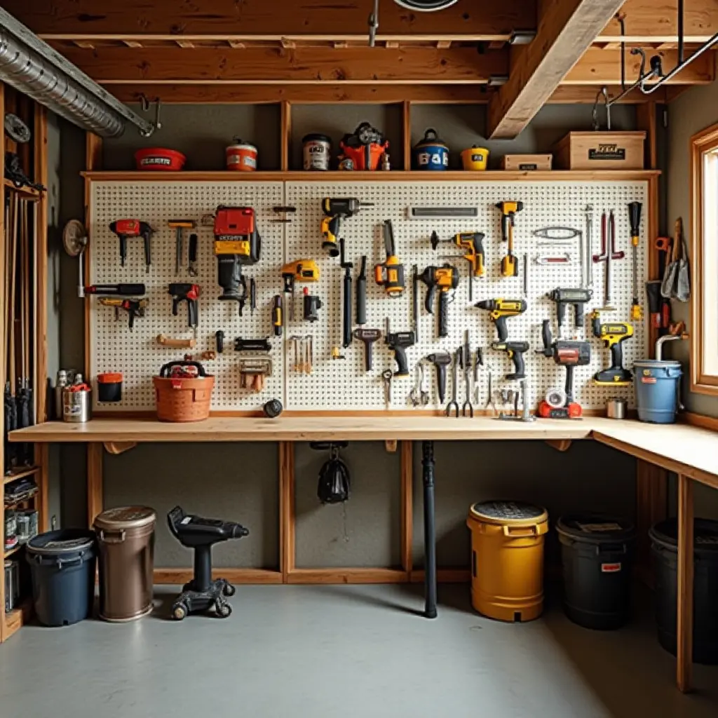 a photo of a basement with a pegboard for organized tools