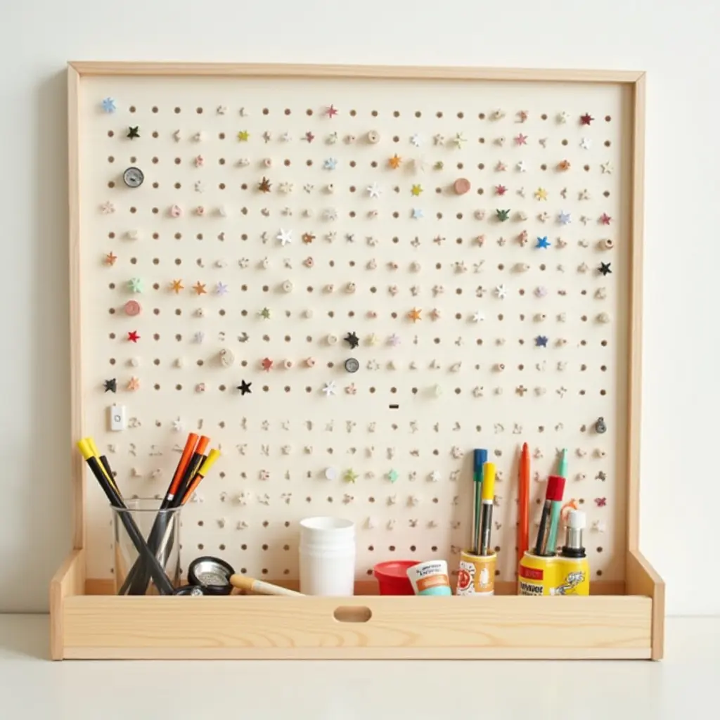 a photo of a fun and functional pegboard for kids' art supplies