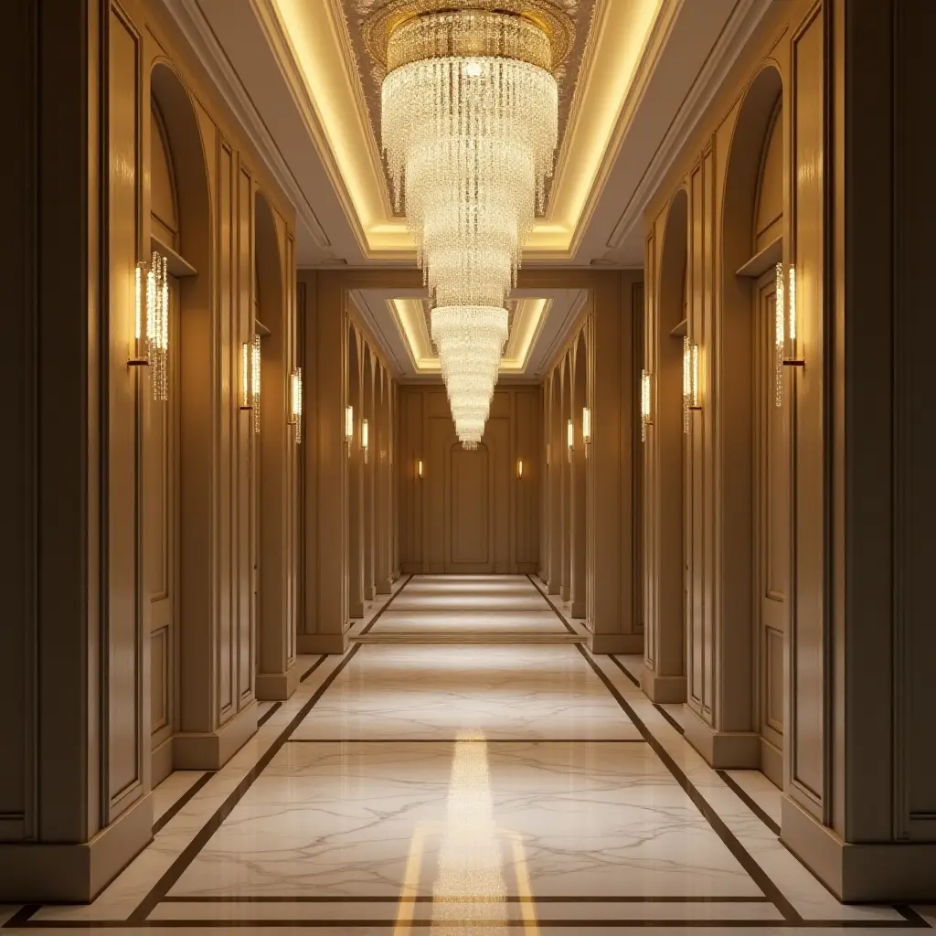 a photo of a luxurious corridor with crystal pendant chandeliers