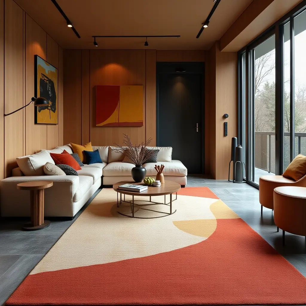 a photo of a bold, graphic rug making a statement in a basement