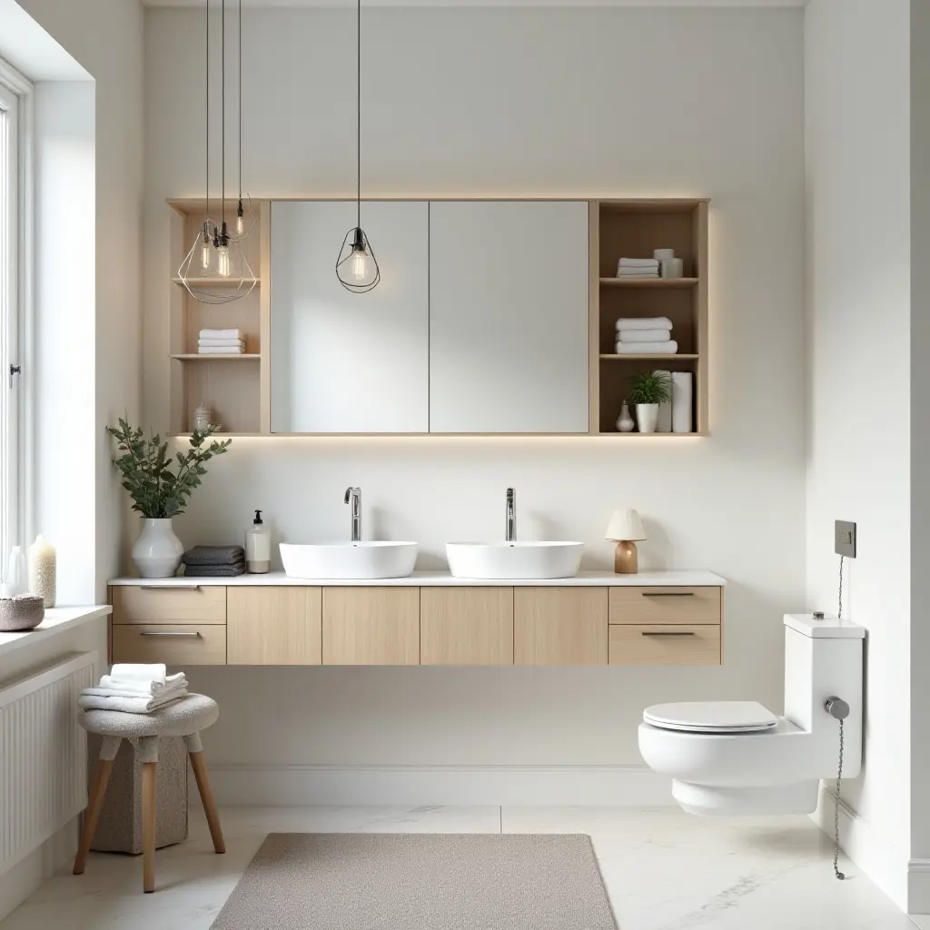 a photo of a functional Scandinavian bathroom with open shelving and light textiles