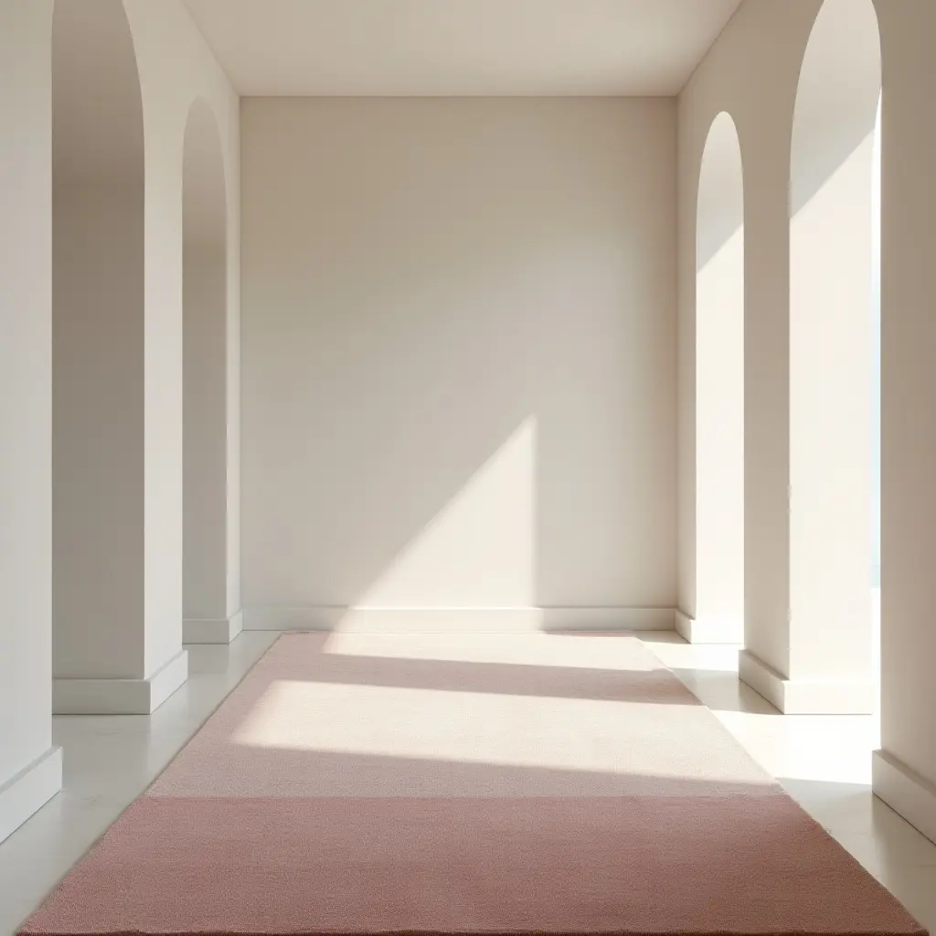 a photo of a soft, pastel-colored rug in a serene corridor