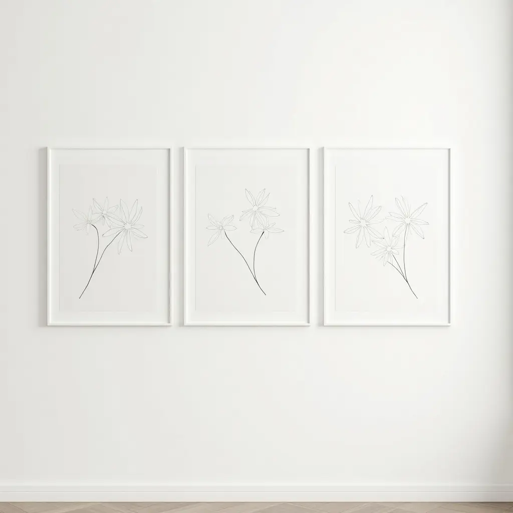 a photo of a minimalist wall art arrangement with line drawings