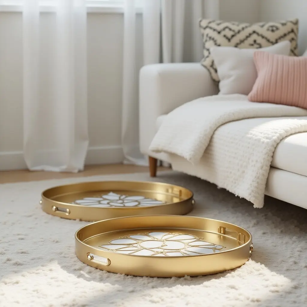 a photo of an elegant children's room with metallic decorative trays