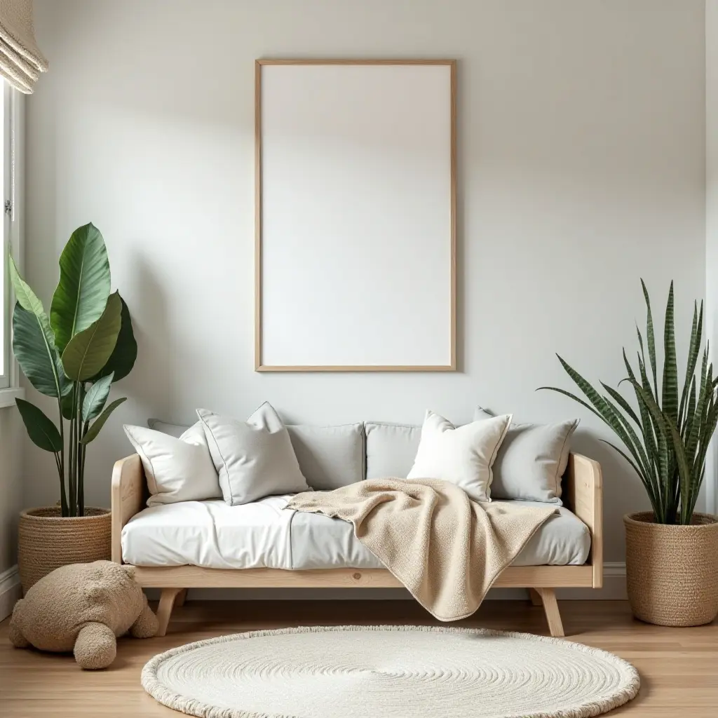 a photo of a nature-themed kids' room featuring Scandinavian decor and plants