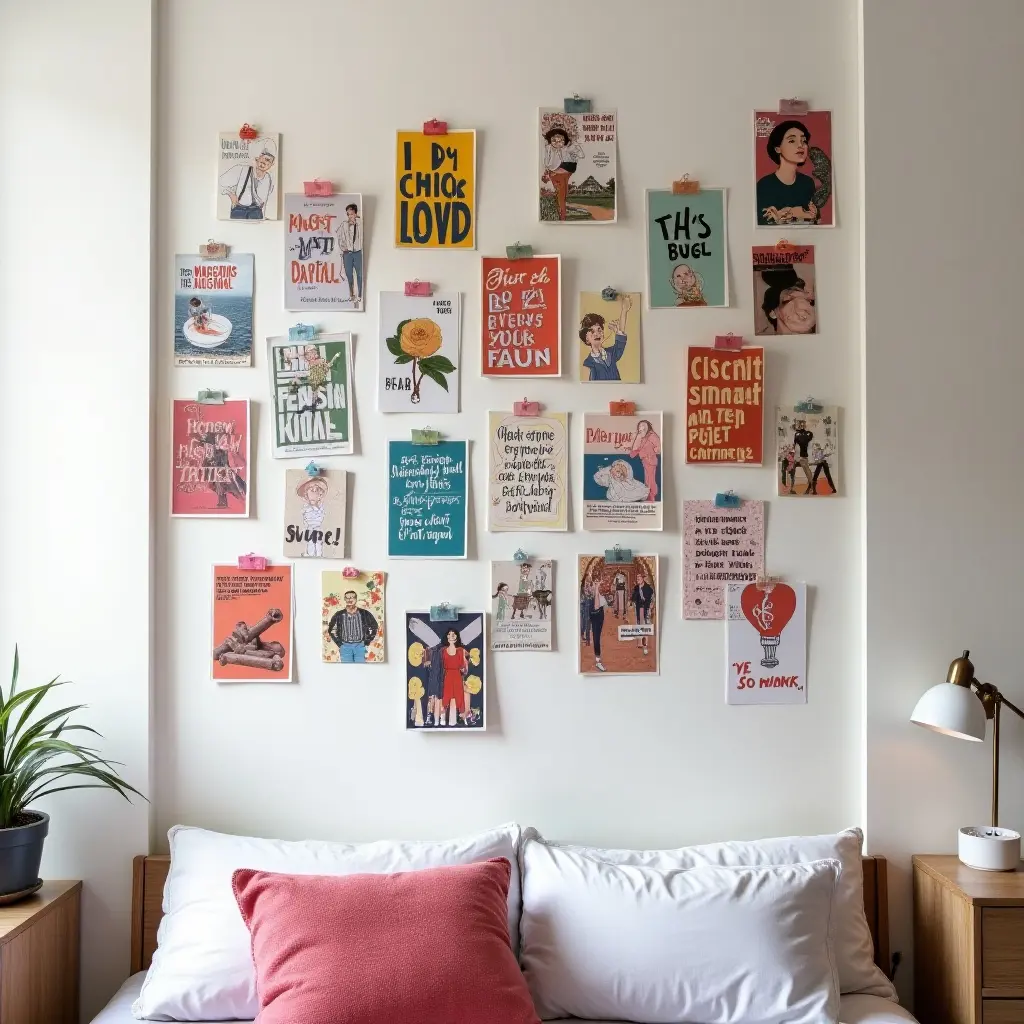 a photo of a wall adorned with a collection of inspirational postcards in a teen's room