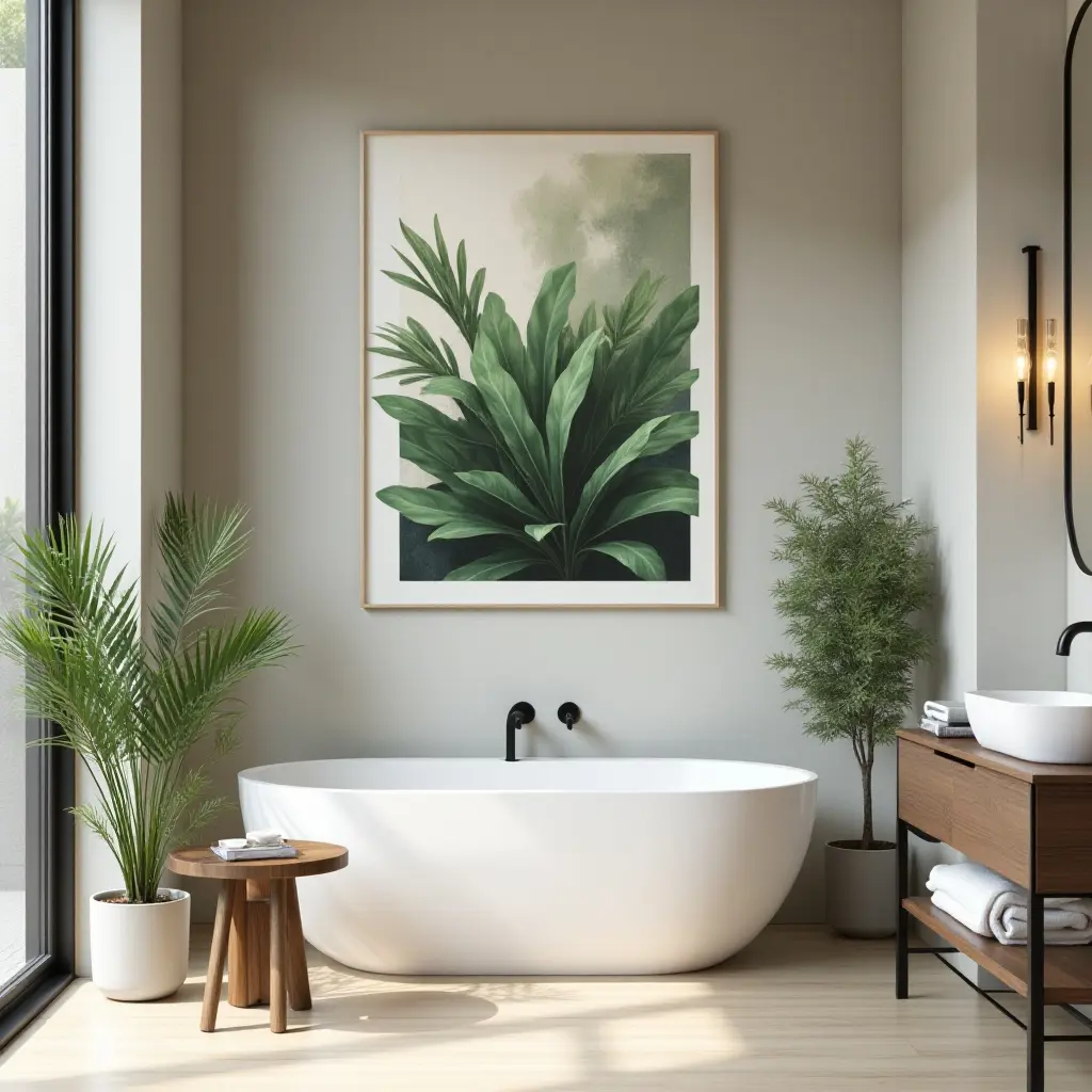 a photo of a bathroom with a modern art piece featuring plants