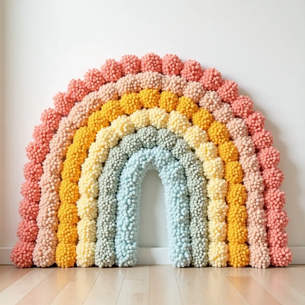 a photo of a colorful rainbow rug with soft textures for a baby's play area