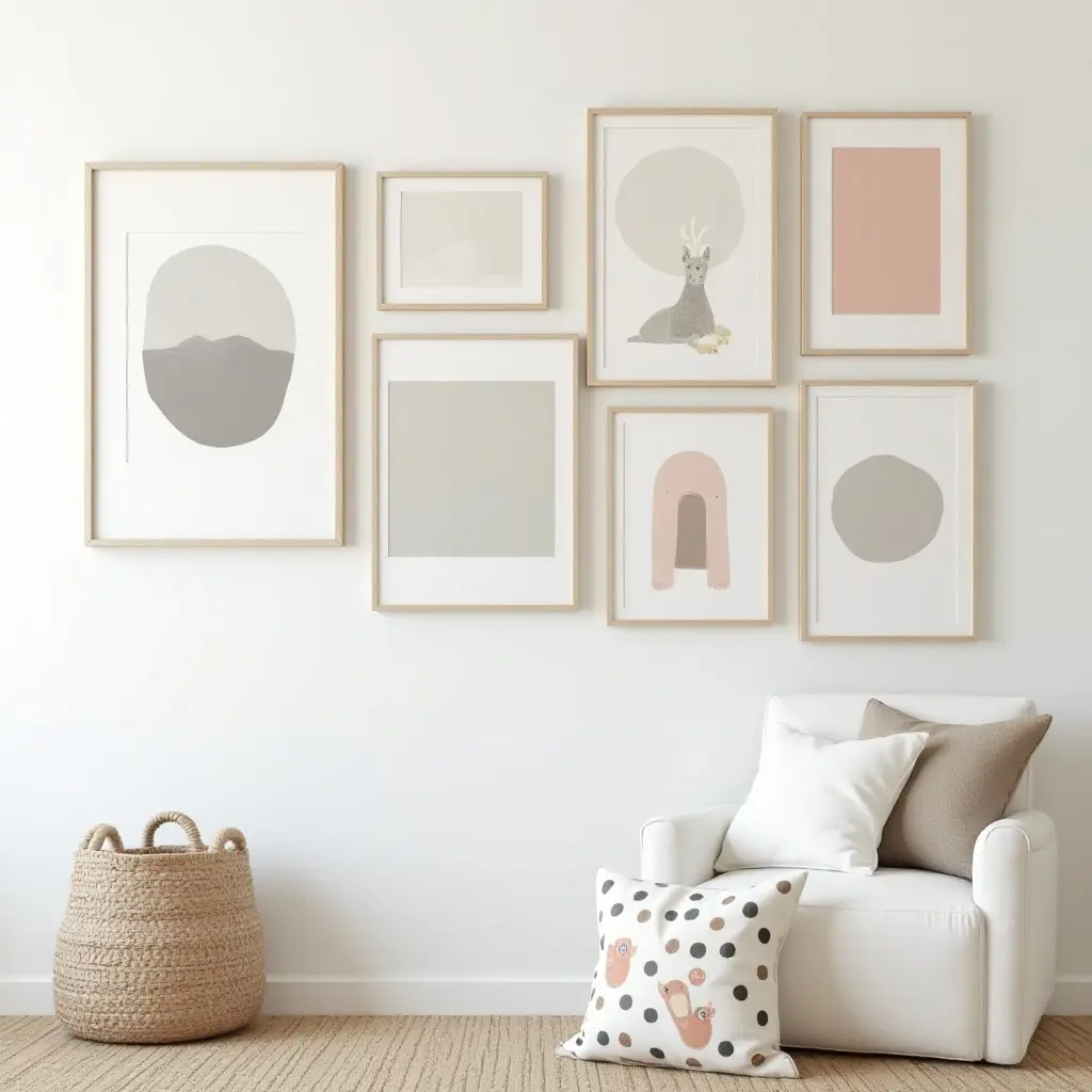a photo of a nursery featuring a beautiful gallery wall of framed art