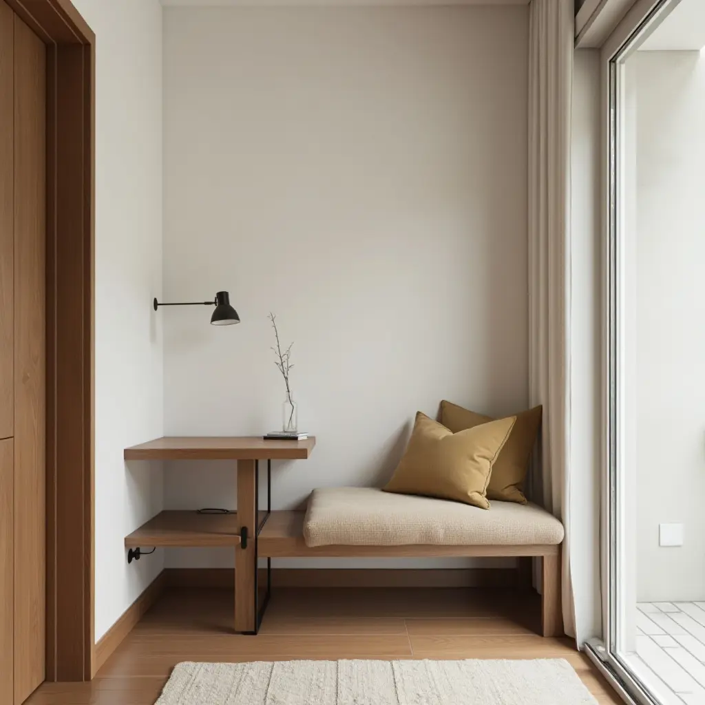 a photo of a multifunctional bench with a desk in a hallway