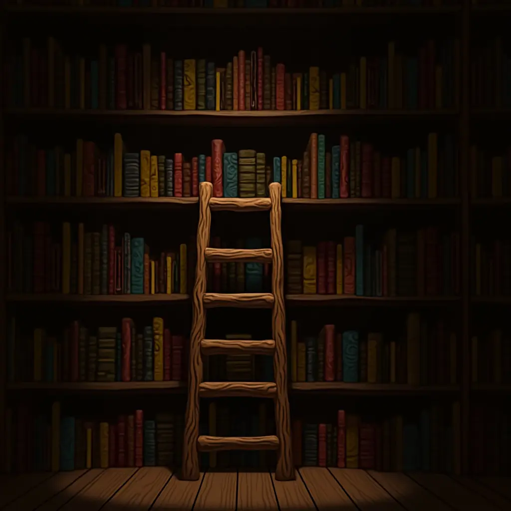 a photo of a library with a rustic wooden ladder and colorful book spines