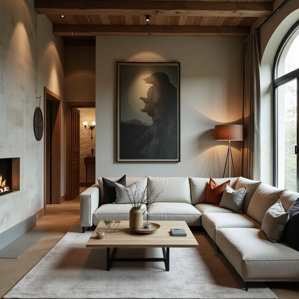 a photo of a stylish room with a mix of modern and rustic elements