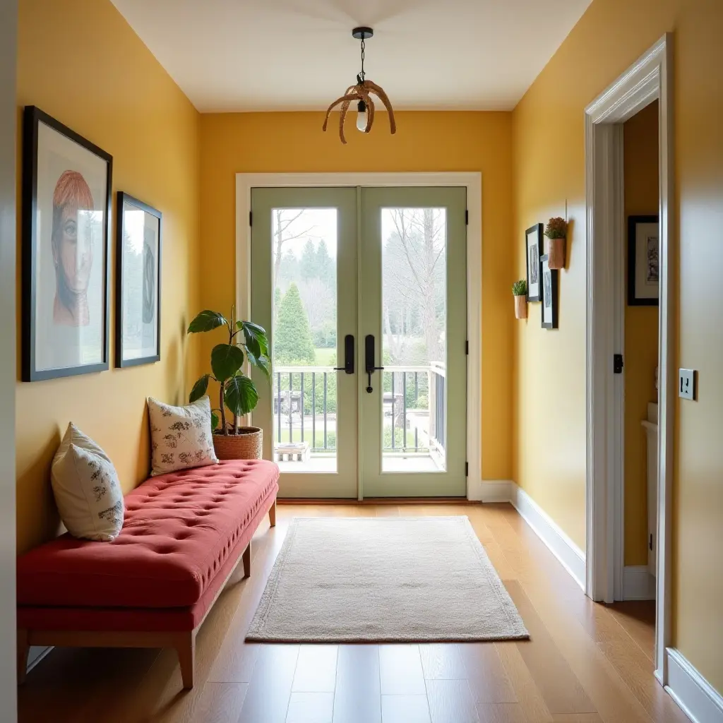 a photo of a cozy entrance hall with a playful reading nook and bright colors