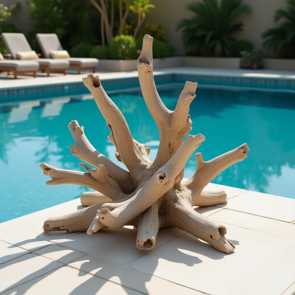 a photo of a decorative driftwood art piece at the poolside