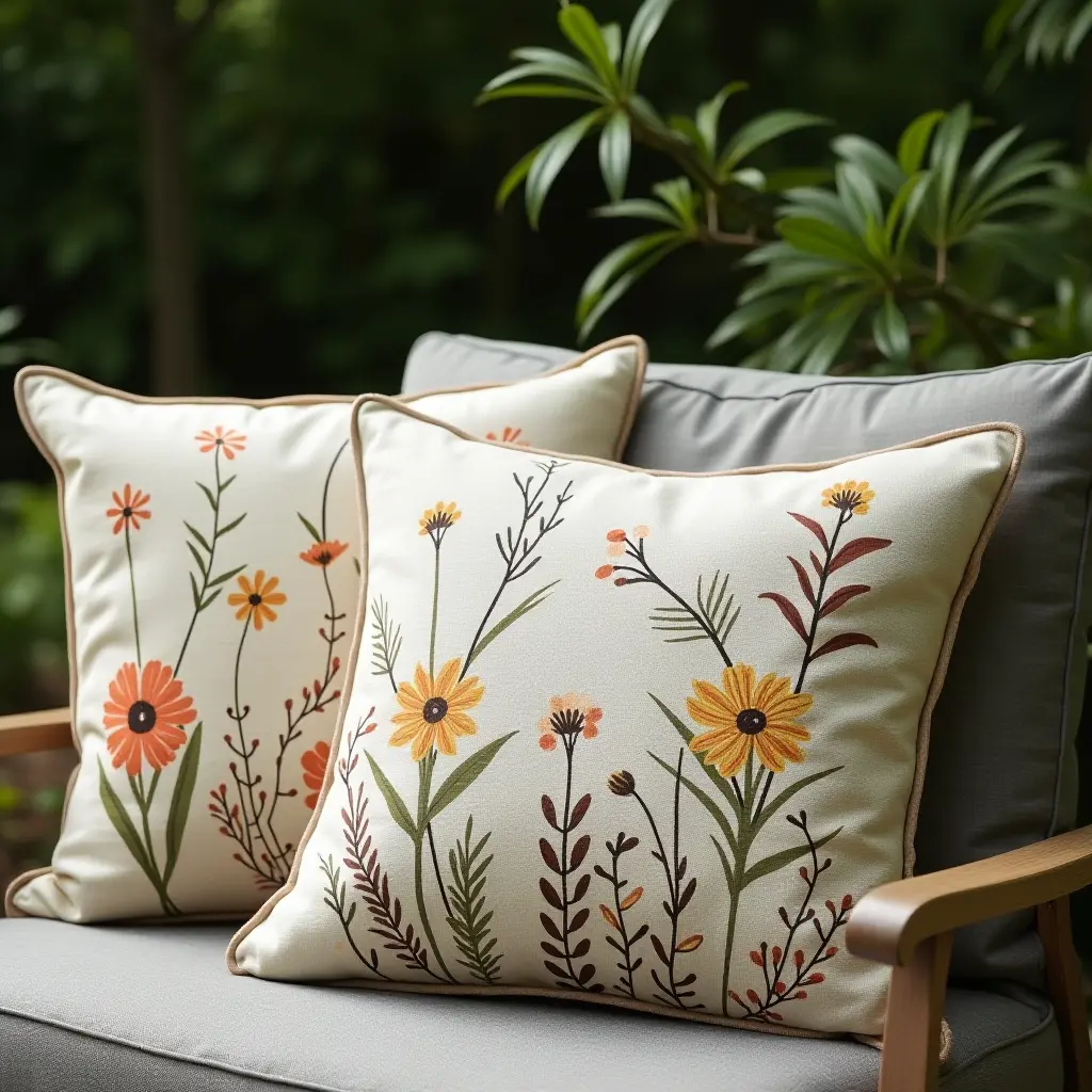 a photo of throw pillows with nature-inspired designs enhancing outdoor decor