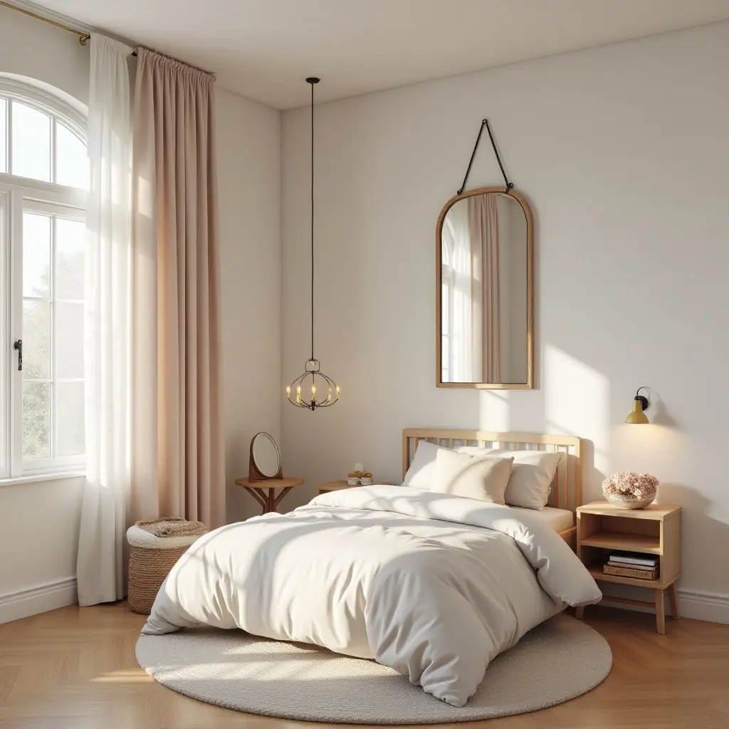 a photo of a charming children's bedroom with vintage mirror and modern lighting