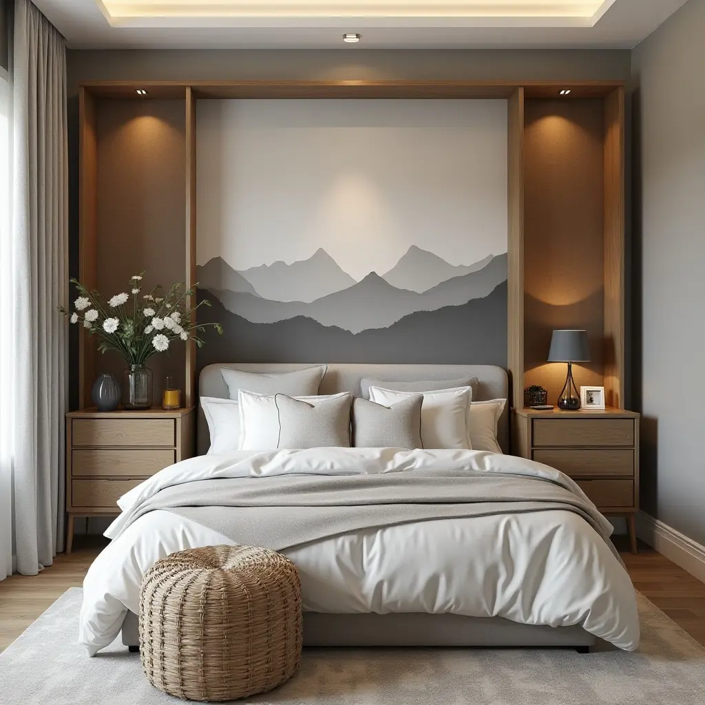 a photo of a stylish bedroom with a large wall mural and creative storage