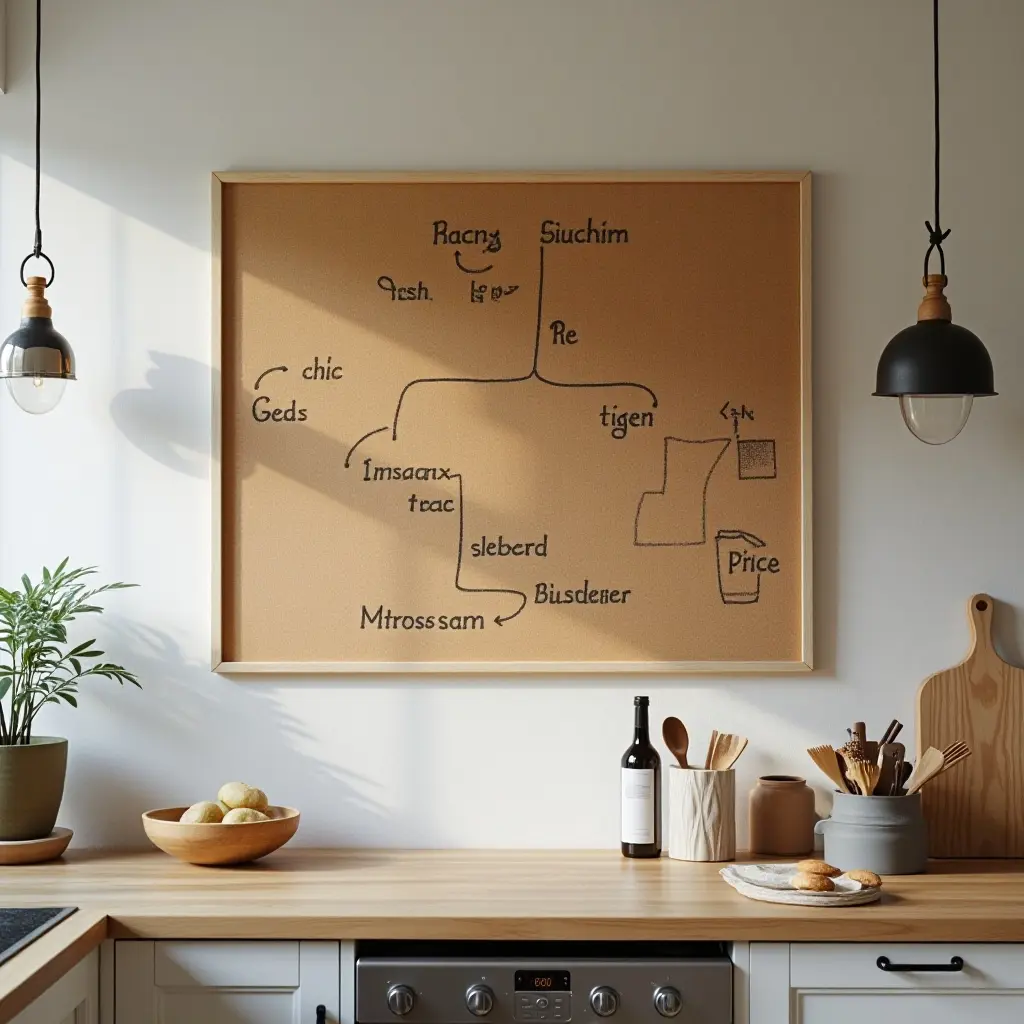 a photo of a corkboard wall displaying cooking inspirations in a kitchen