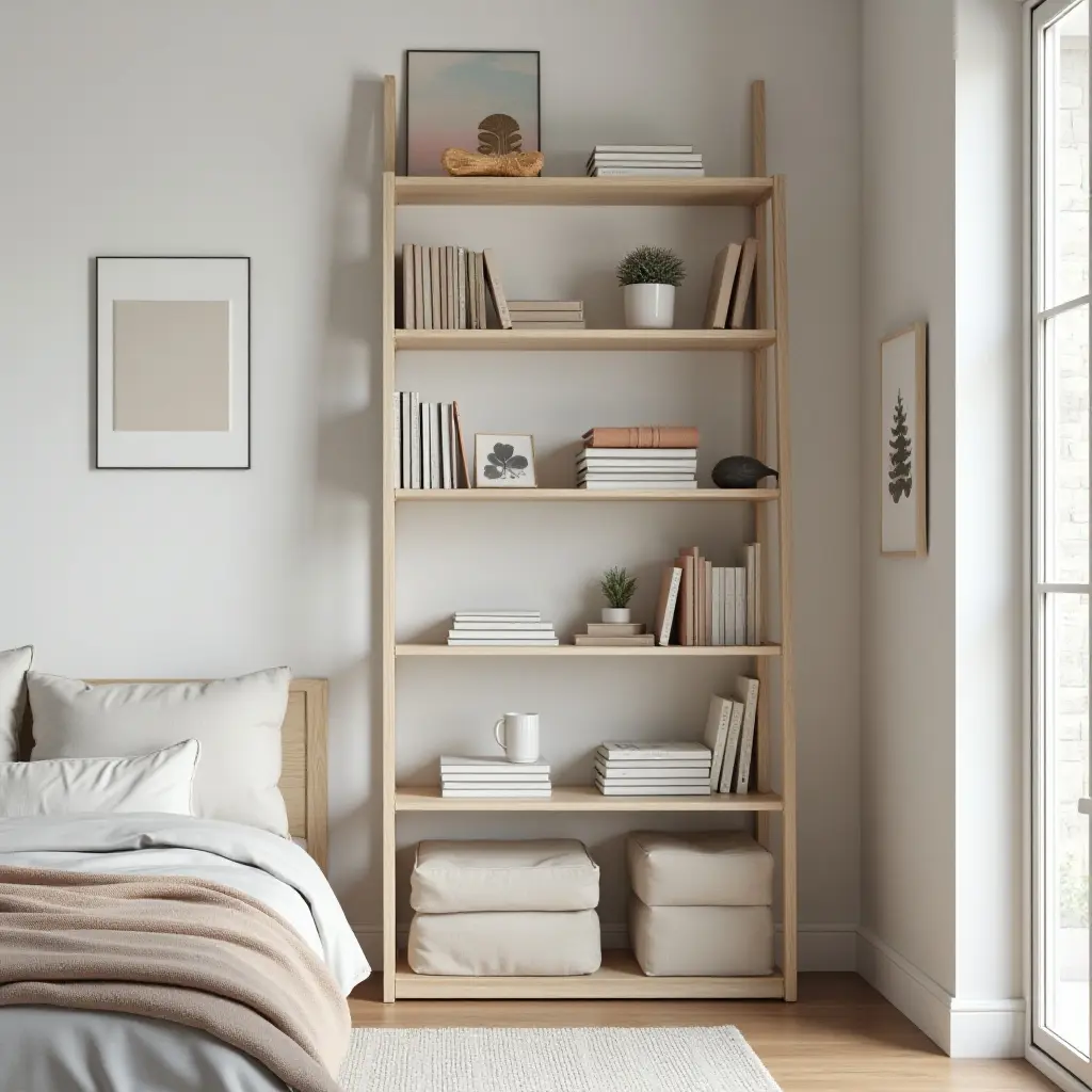a photo of a functional bedroom shelving unit with study materials and personal touches