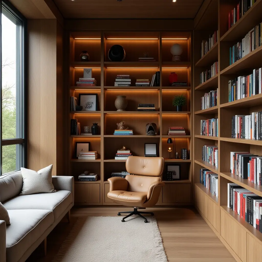a photo of a small library featuring a unique bookshelf design