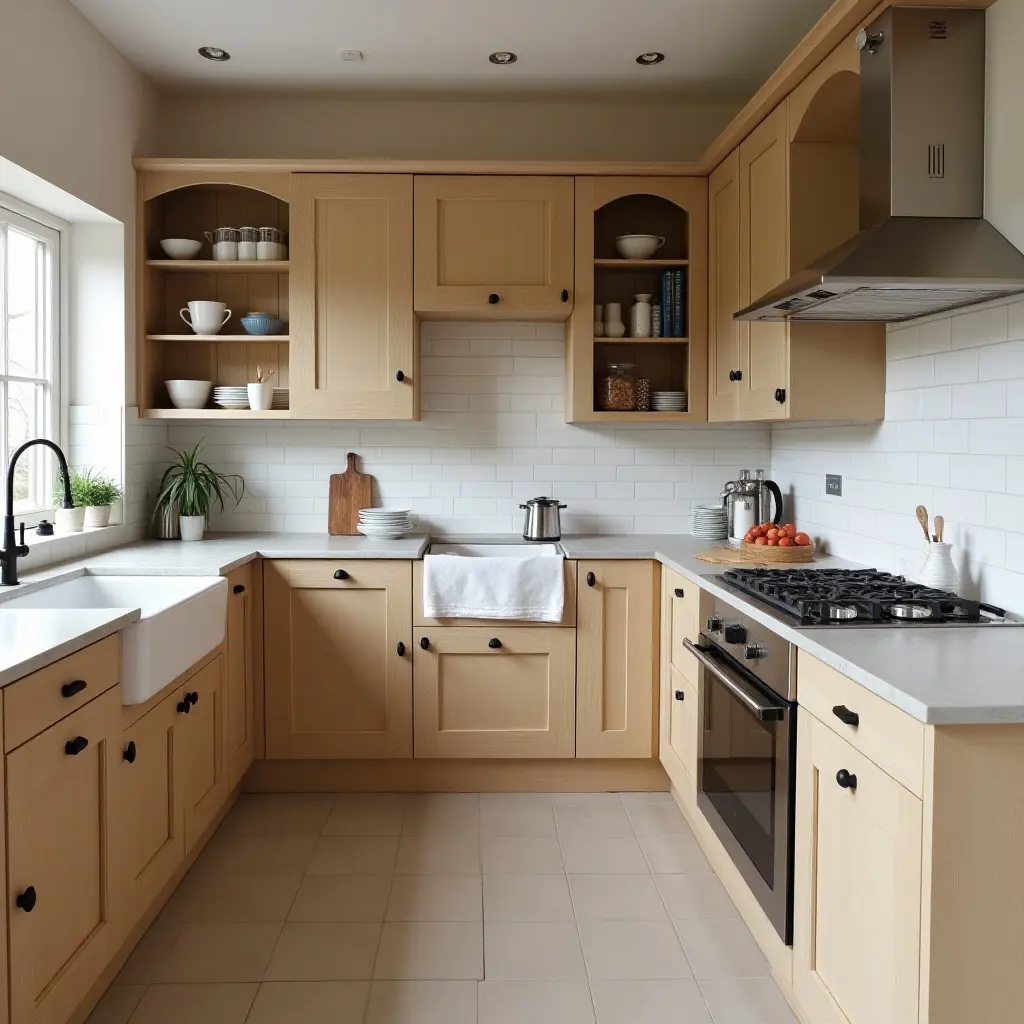 a photo of a farmhouse-style kitchen with wooden elements