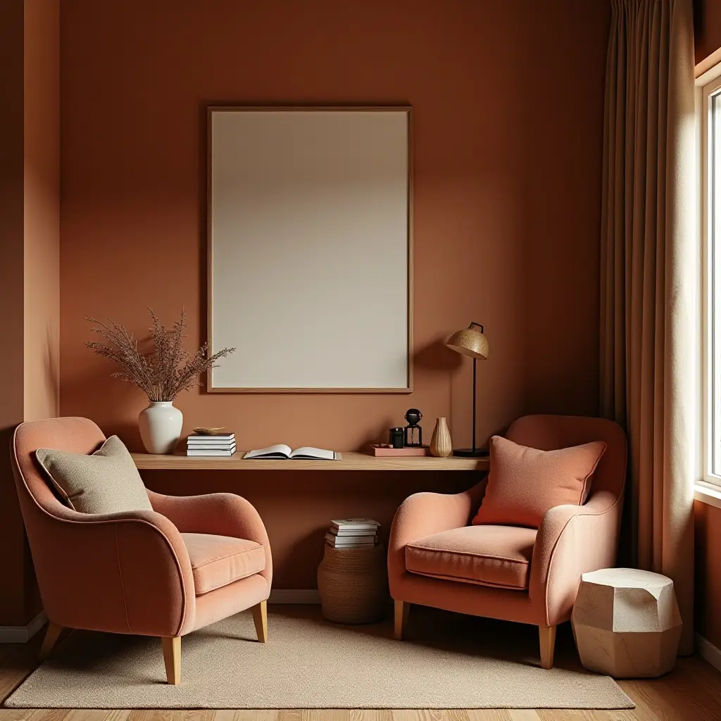 a photo of a study nook with a warm color palette and textiles