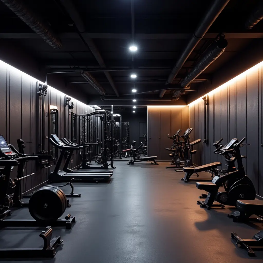 a photo of a basement gym with bright LED lights for motivation