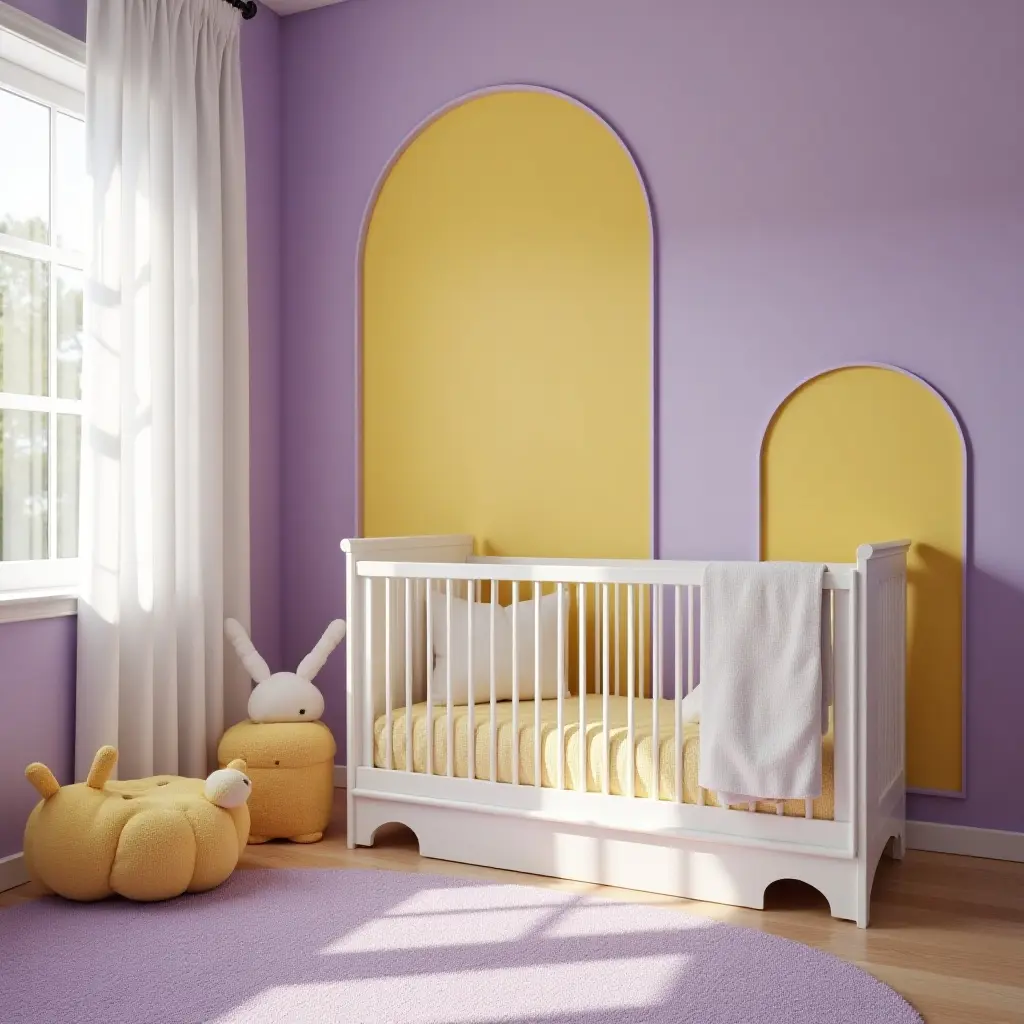 a photo of a nursery showcasing bright purple and soft yellow