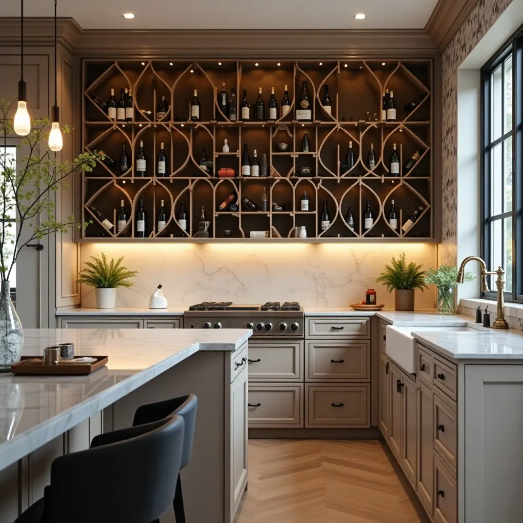 a photo of a kitchen with a glamorous wine rack and decorative bottles