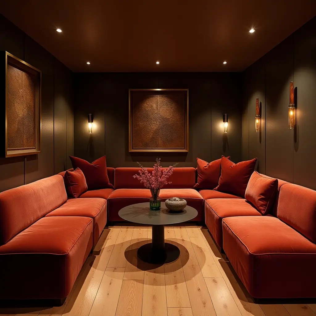 a photo of a basement lounge area combining velvet cushions, hardwood floors, and metallic decor