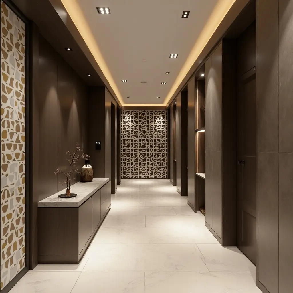 a photo of a stylish corridor with a bold patterned shelf design