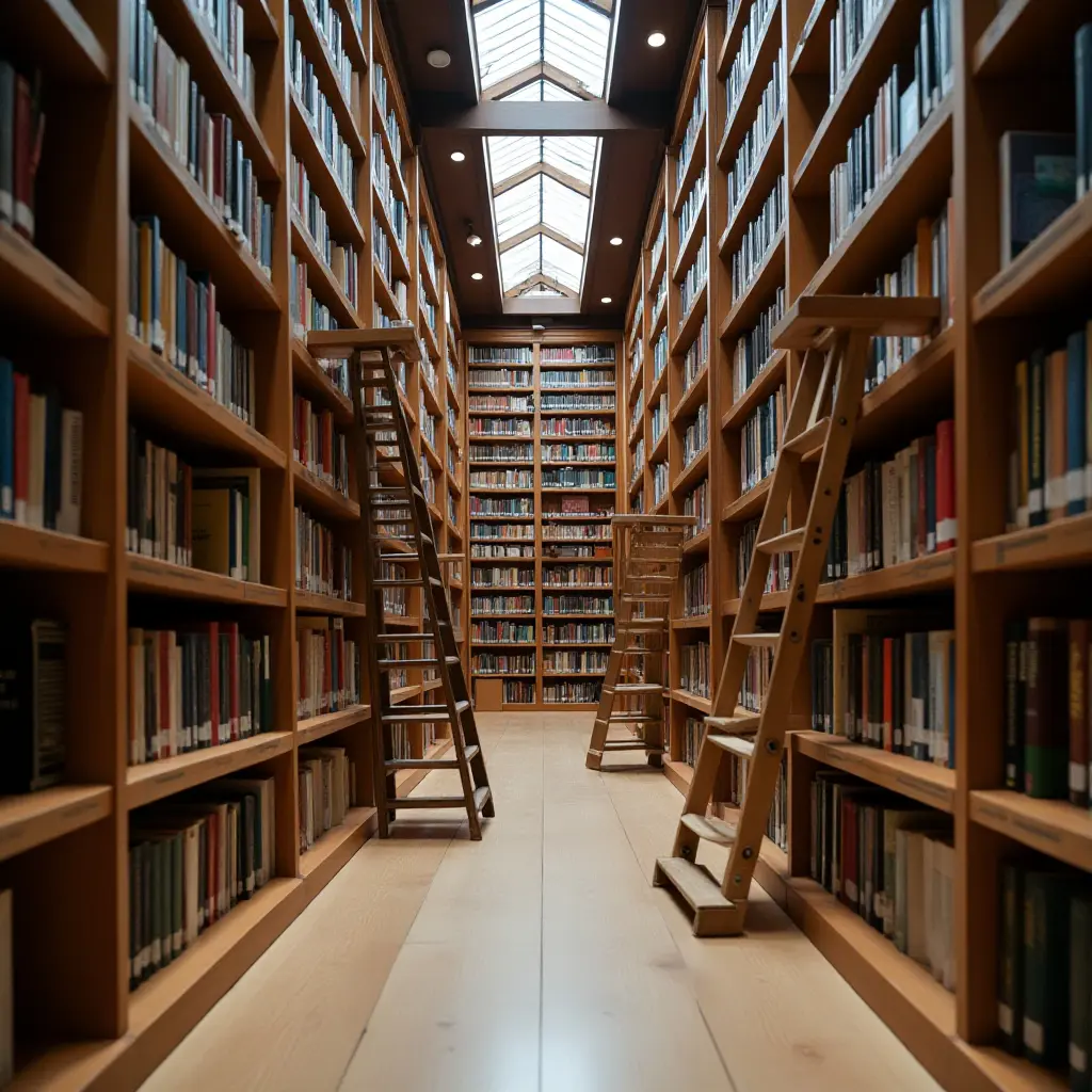 a photo of a spacious library with tall, ladder-accessed shelves