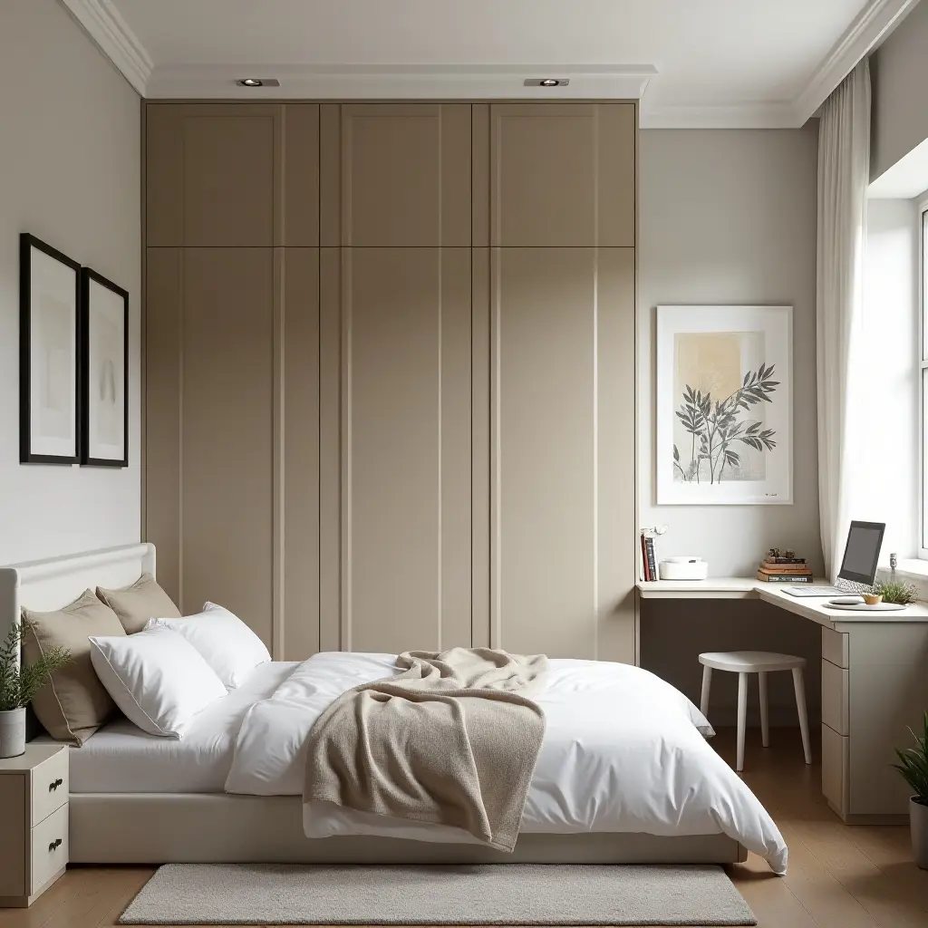 a photo of a shared bedroom with a foldable Murphy bed and a creative workspace