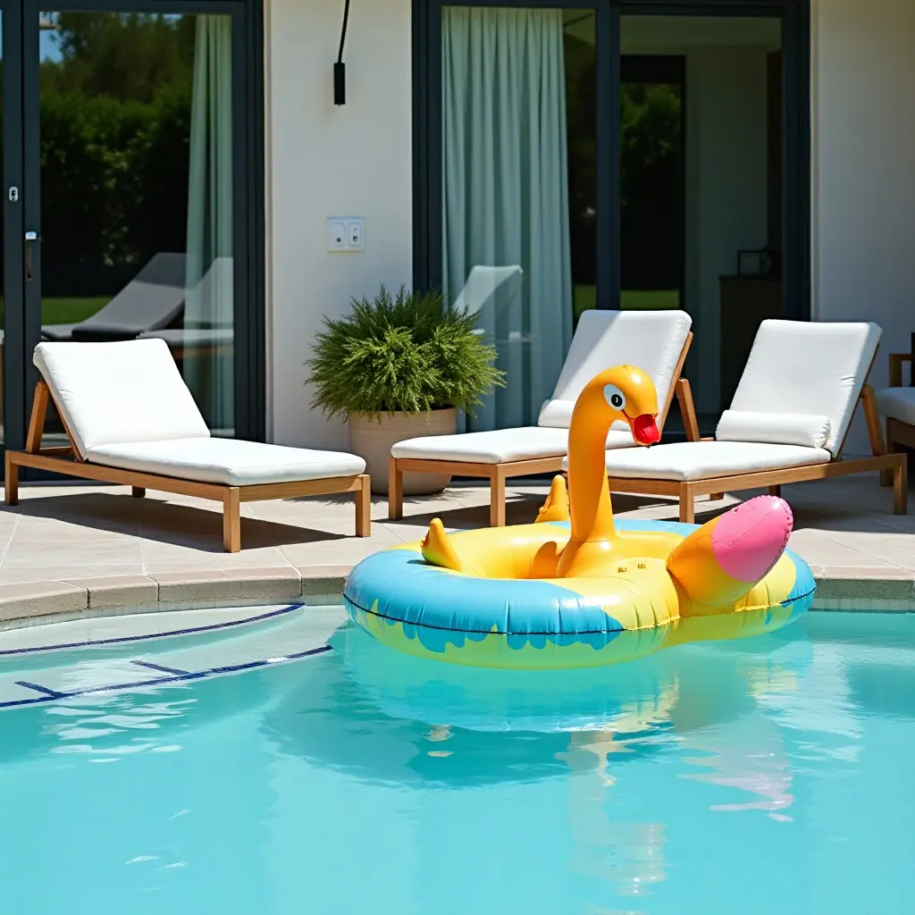 a photo of a colorful pool float paired with stylish lounge chairs