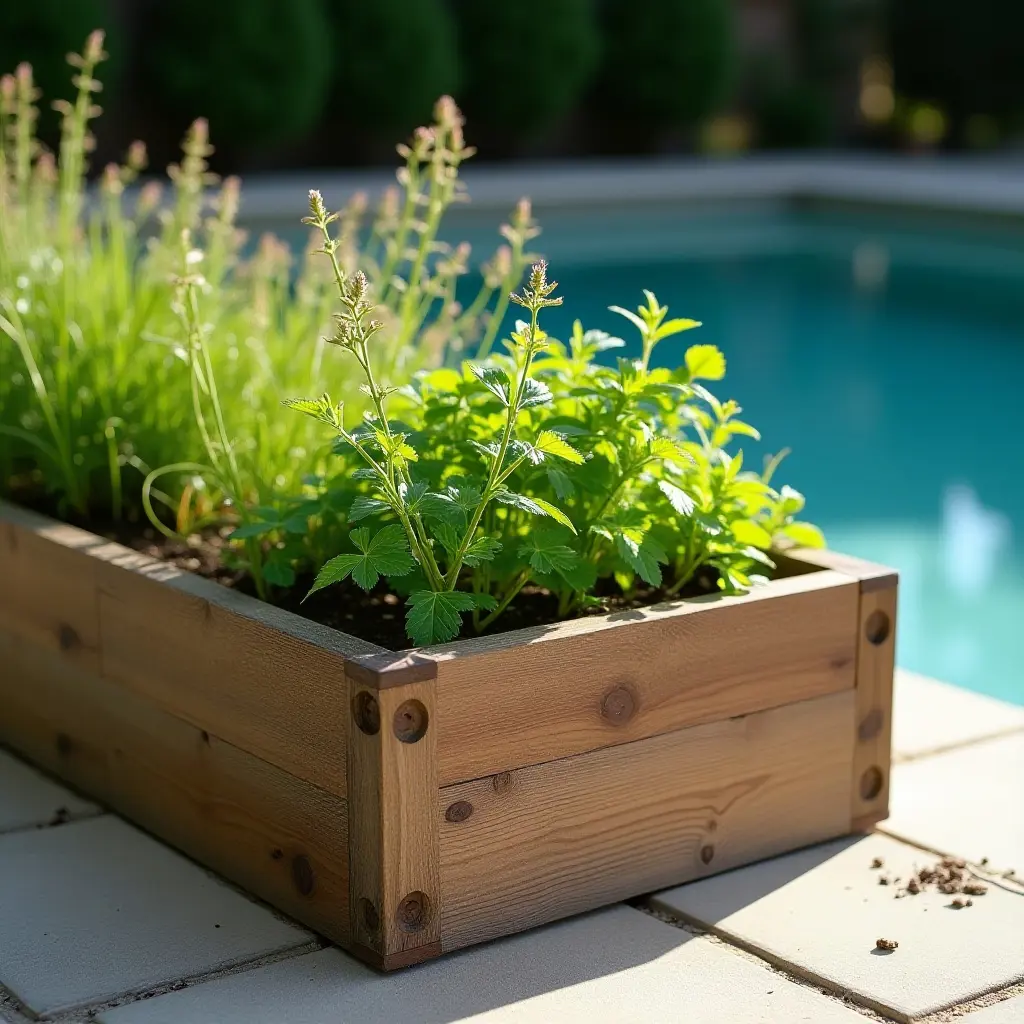 a photo of a wooden flower box with herbs next to the pool