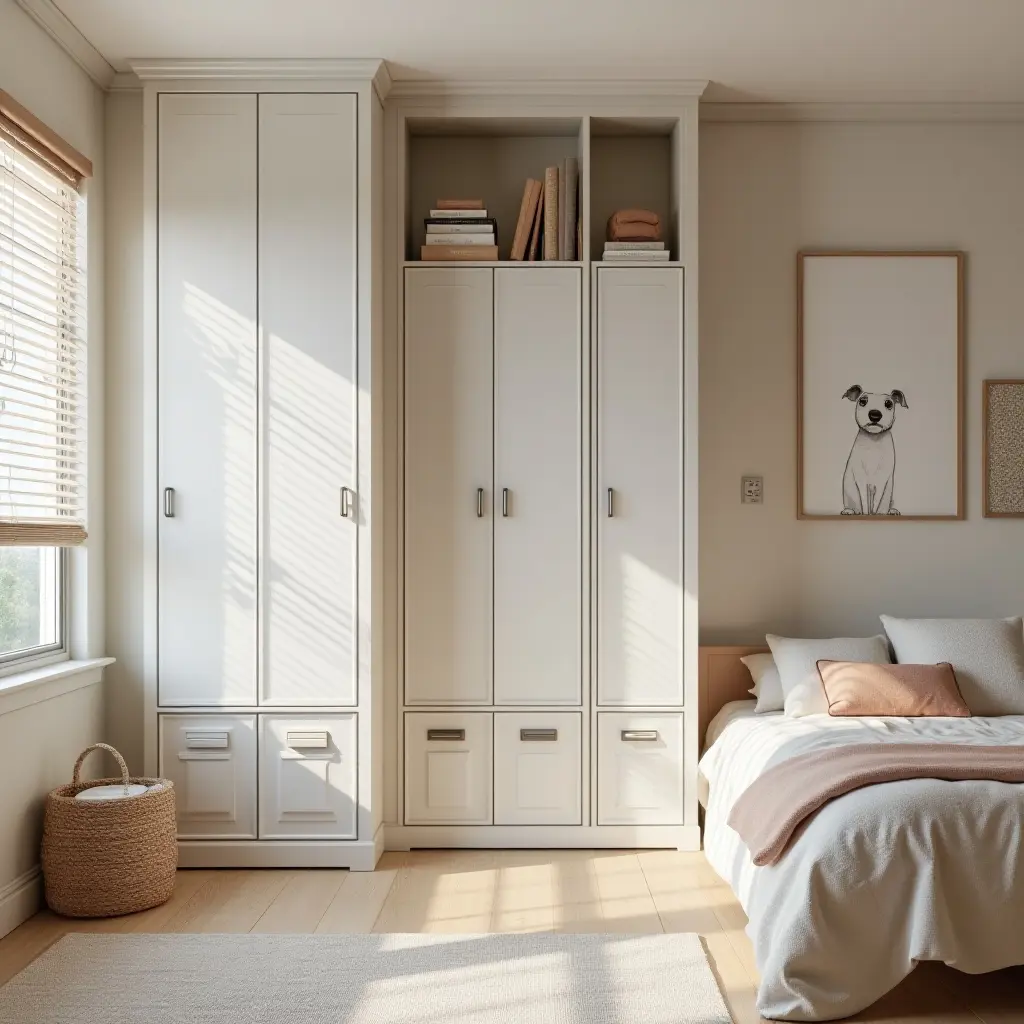 a photo of a kids' bedroom with metal lockers as storage