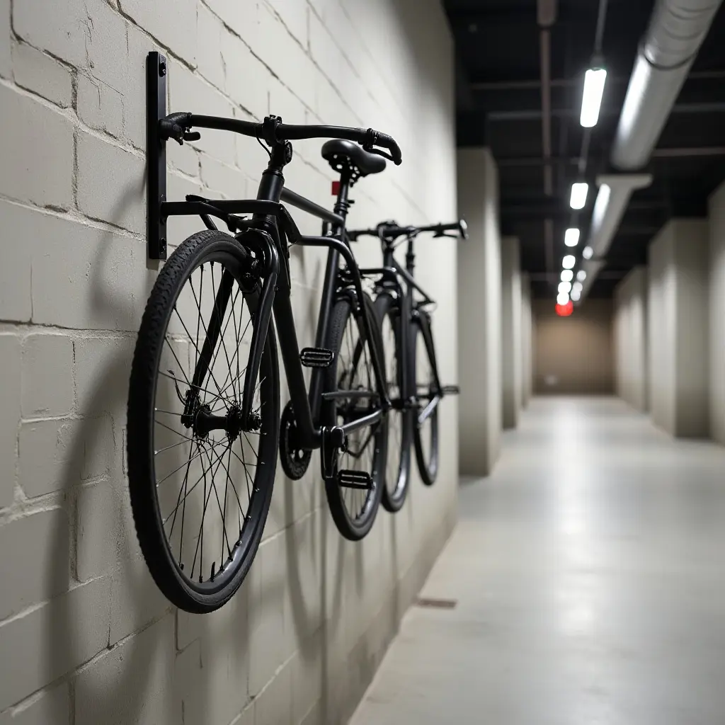 a photo of a wall-mounted bike rack in an industrial corridor