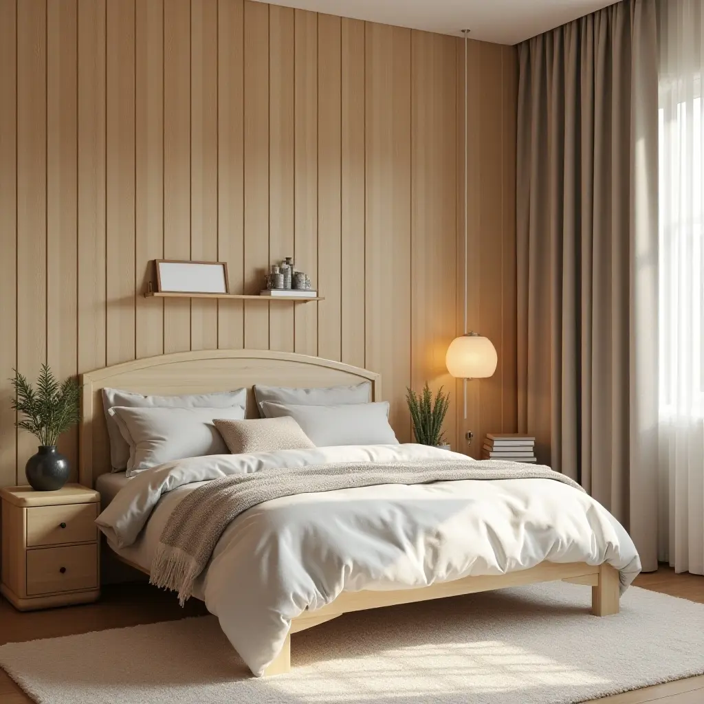 a photo of a cozy kids' bedroom with wooden wall paneling