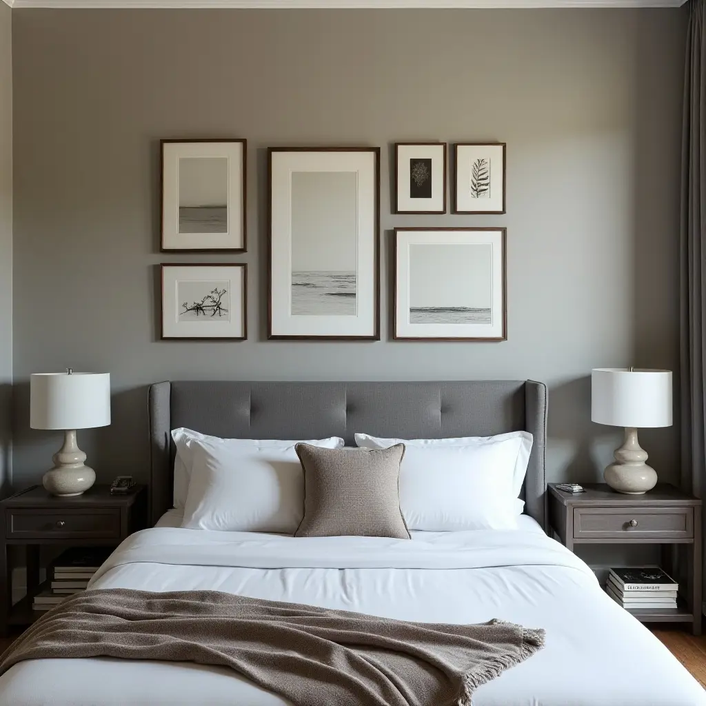 a photo of a grey headboard complemented by a gallery wall of framed art
