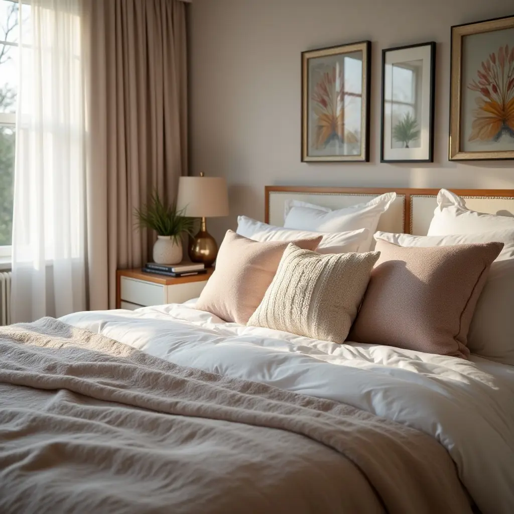 a photo of a chic teen bedroom with throw pillows arranged artistically on the bed