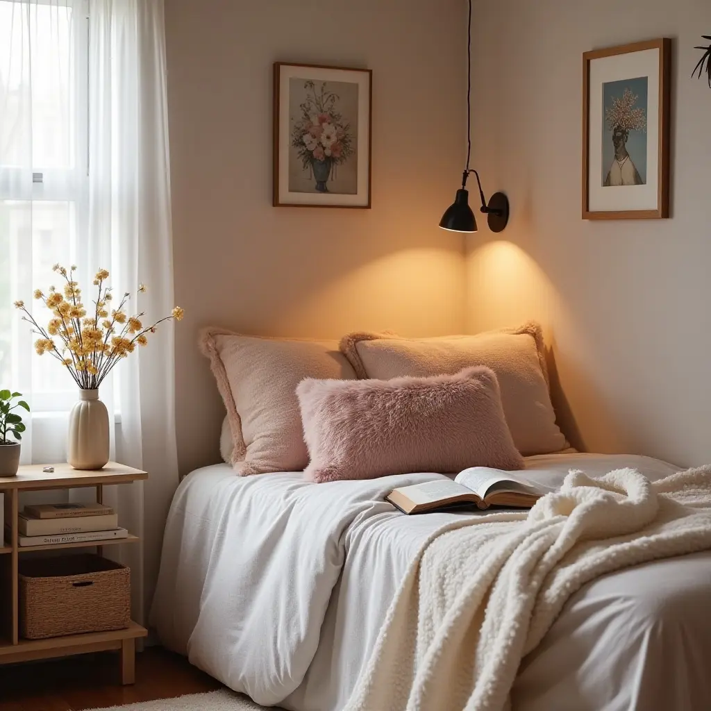 a photo of a cozy reading nook in a teen's room with plush throw pillows