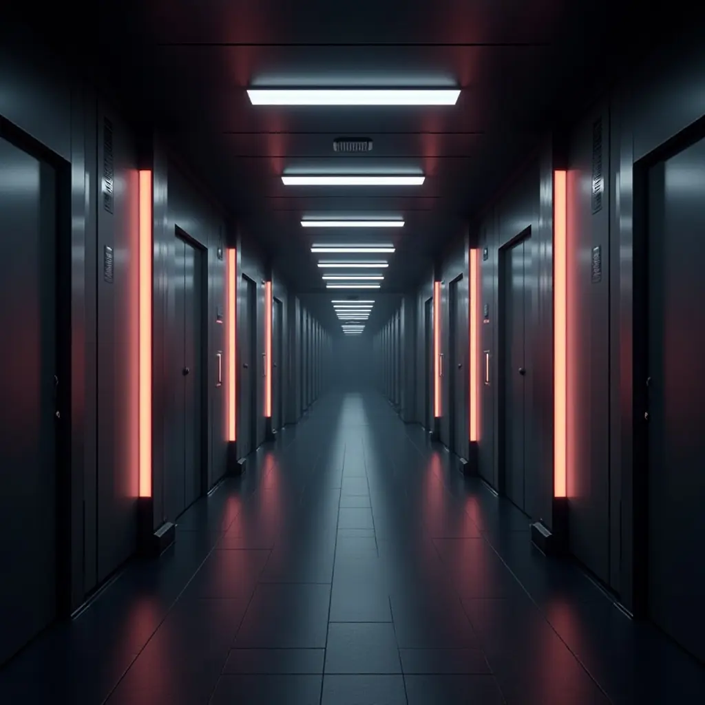 a photo of a futuristic corridor with glowing panels