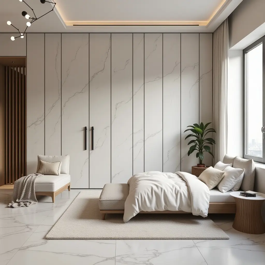 a photo of a luxurious kids' bedroom with marble walls and stylish furnishings