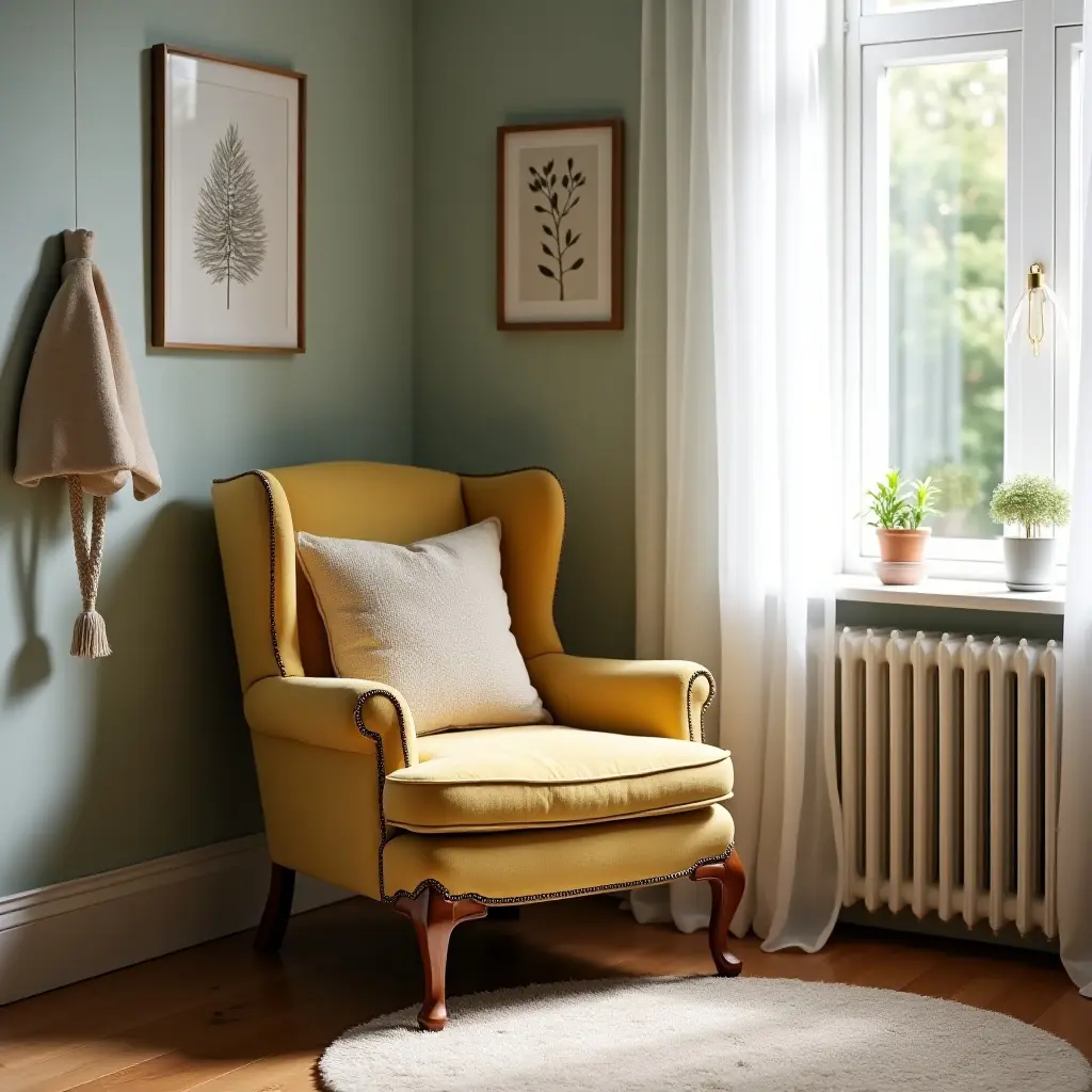 a photo of a cozy vintage armchair in a kids' corner