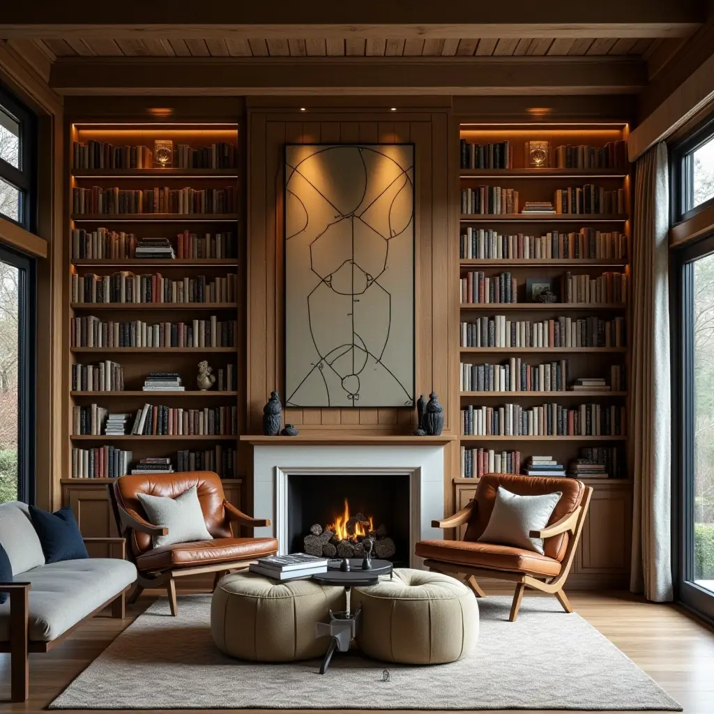 a photo of a library featuring a rustic wood and metal gallery wall